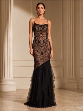 Vintage Sean Collection Black Beaded Sequin Formal Luxury Evening Dress Small